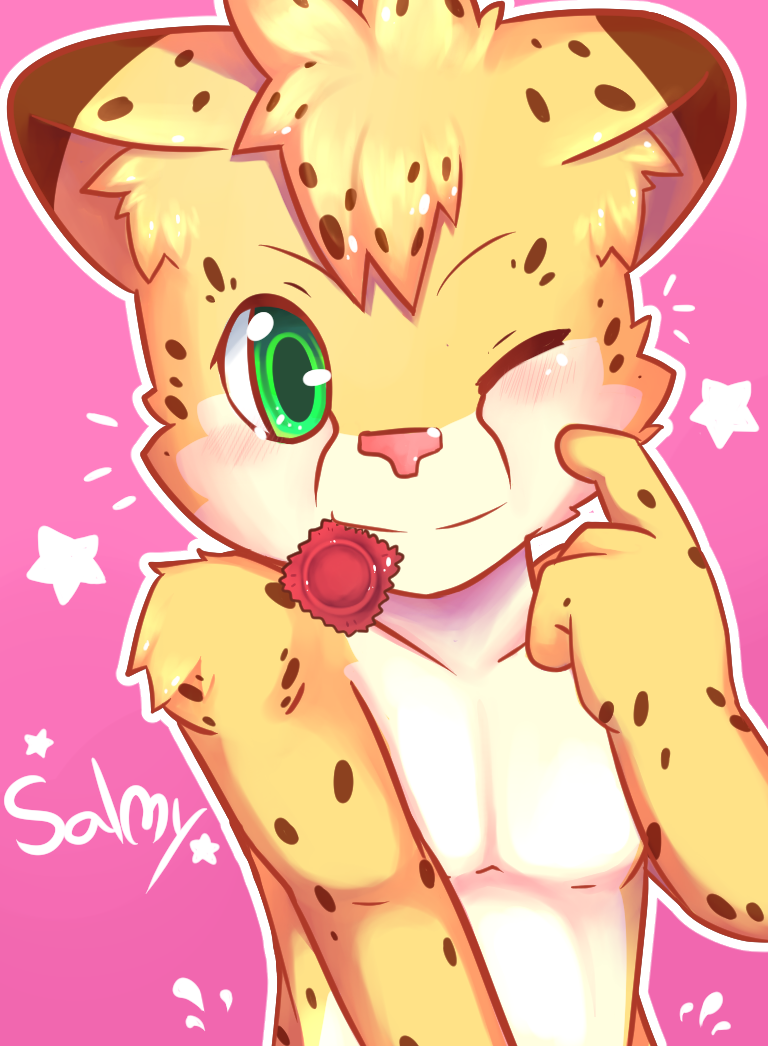 anthro bedroom_eyes blush brown_spots cheetah condom cub feline fur green_eyes half-closed_eyes happy inner_ear_fluff invalid_tag kake0078 male mammal one_eye_closed pink_nose salmy seductive smile yellow_fur young