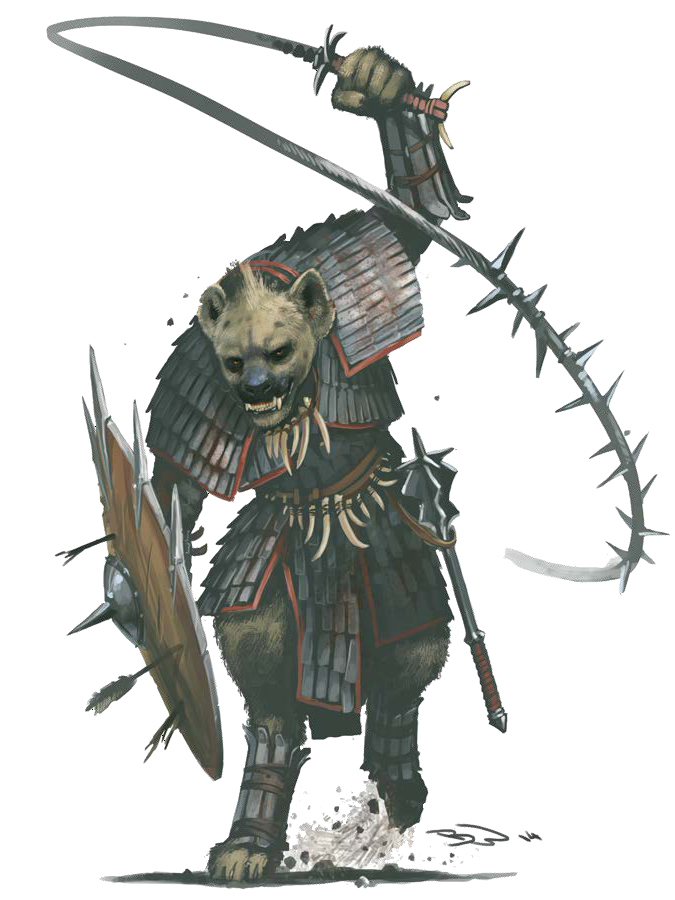 armor dungeons_&amp;_dragons fangs gnoll hyena jewelry male mammal morningstar necklace official_art pathfinder scale_mail shield solo warrior weapon whip