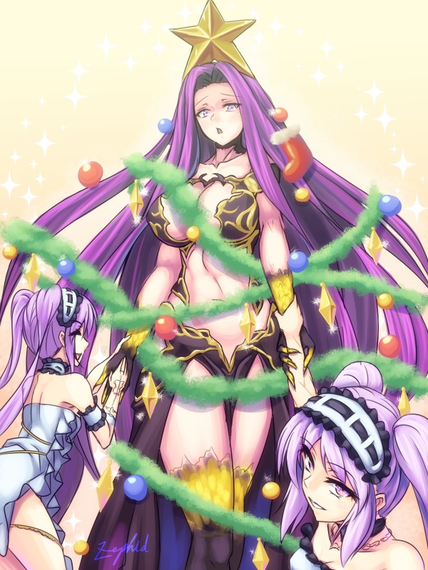 armlet armor bare_shoulders bikini_armor black_armor breasts choker christmas christmas_ornaments christmas_stocking christmas_tree cleavage collarbone dress euryale eyebrows eyebrows_visible_through_hair fate/grand_order fate/hollow_ataraxia fate/stay_night fate_(series) fingernails frilled_dress frills gorgon_(fate) hair_intakes hairband headdress hip_vent jewelry large_breasts lolita_hairband long_hair looking_at_viewer multiple_girls necklace open_mouth pelvic_curtain purple_eyes purple_hair purple_skirt revealing_clothes ribbon_choker rider scales sharp_fingernails siblings side_slit sidelocks signature skirt sleeveless sleeveless_dress smile star stheno stomach thighs tsurime twins twintails very_long_hair white_dress wrist_grab zephid
