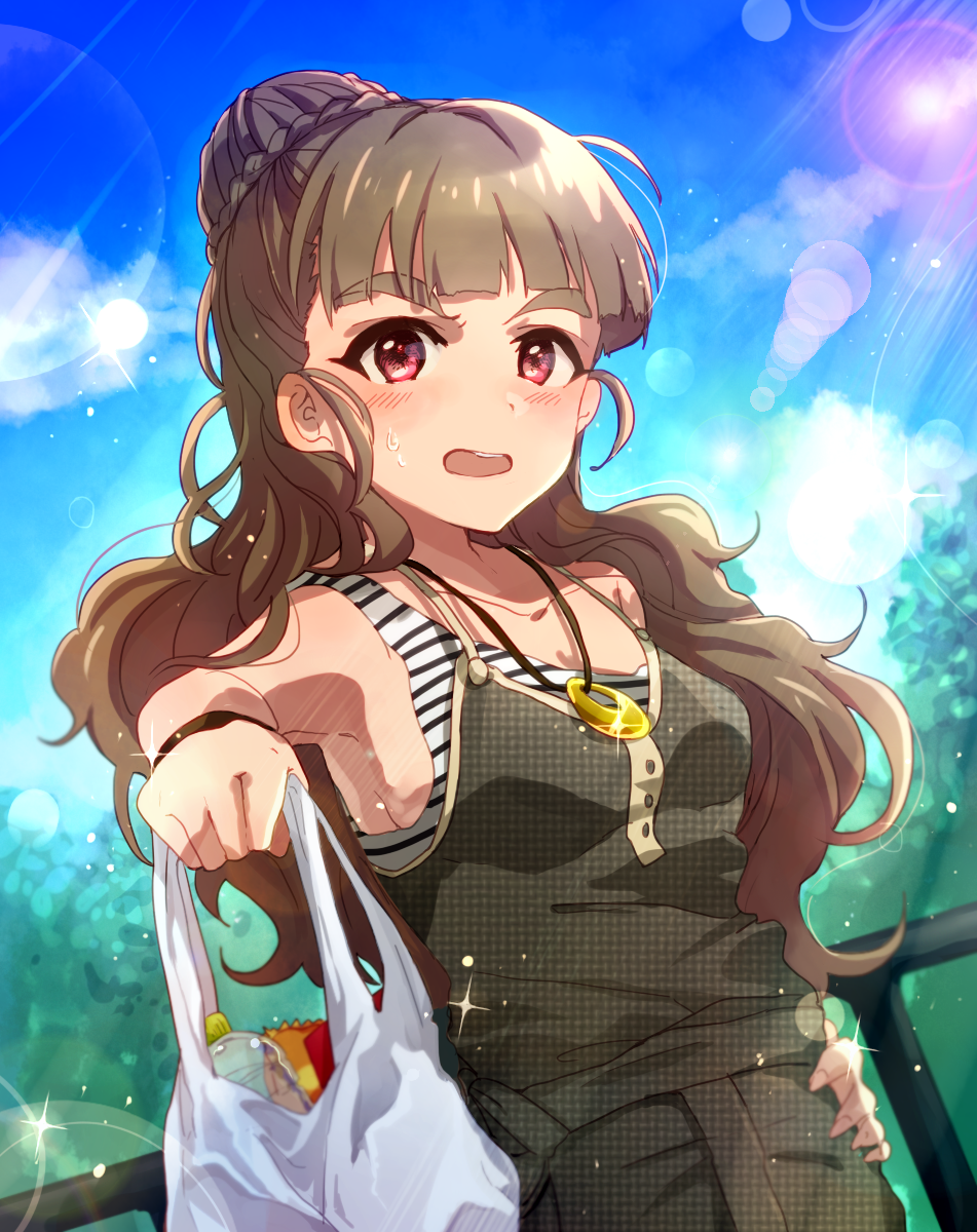 1girl anaroguya bag blush breasts brown_hair cloud commentary_request day groceries grocery_bag hair_bun hand_on_hip highres holding holding_bag idolmaster idolmaster_cinderella_girls jewelry kamiya_nao lens_flare long_hair looking_at_viewer medium_breasts necklace open_mouth railing red_eyes shirt shopping_bag solo sparkle standing striped striped_shirt sunlight