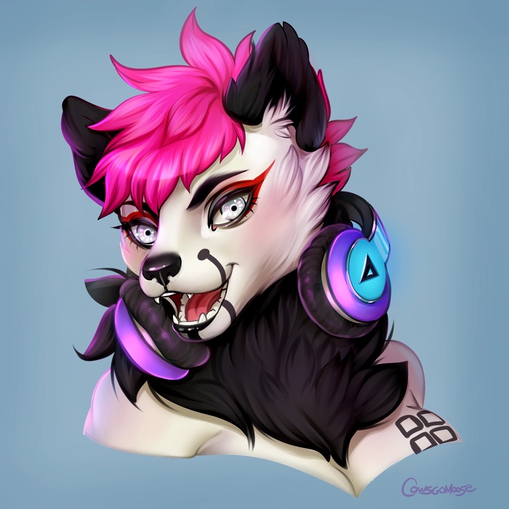 anthro black_fur canine cowsgomoose_(artist) dog eyebrows eyelashes female fur grey_eyes hair headphones hi_res looking_at_viewer makeup mammal open_mouth pink_hair simple_background teeth tongue watermark white_fur