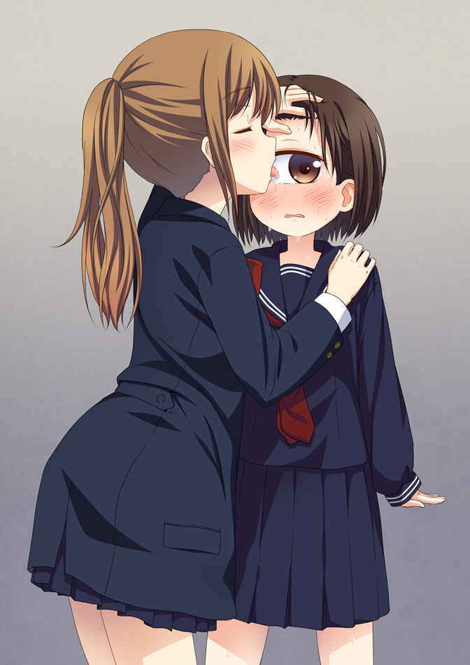 2girls blush broiler brown_hair cowboy_shot cyclops eyebrows eyebrows_visible_through_hair eyes_closed licking long_sleeves multiple_girls open_mouth original ponytail profile sailor short_hair simple_background standing tongue tongue_out