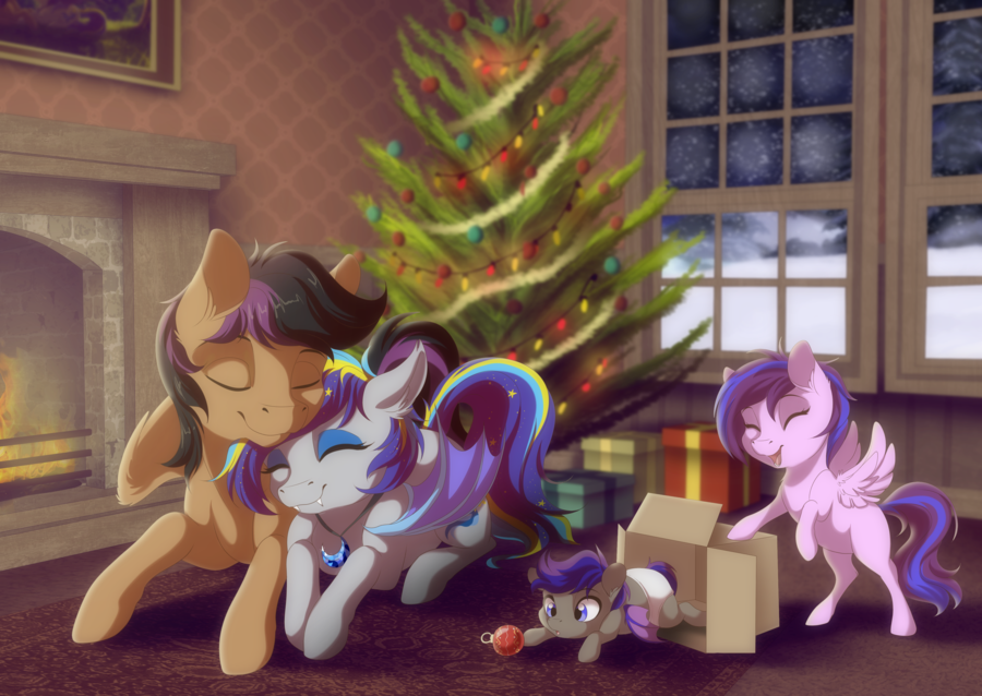 2016 baby bat_pony box christmas christmas_tree cute dennyvixen equine eyes_closed fan_character fangs female holidays horse lying male mammal night_lark offspring on_front open_mouth ornament pegasus pony snow snowing stellar_eclipse_(mlp) tree wings young