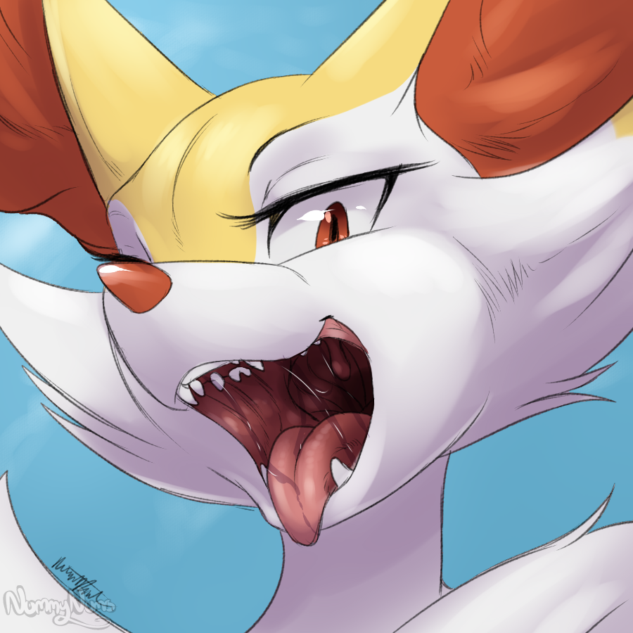 blue_background braixen drooling female fur gaping_mouth hair looking_at_viewer mammal mouth_shot nintendo nude nummynumz open_mouth orange_fur pok&eacute;mon red_eyes saliva signature simple_background solo teeth text throat tongue tongue_out uvula video_games white_fur