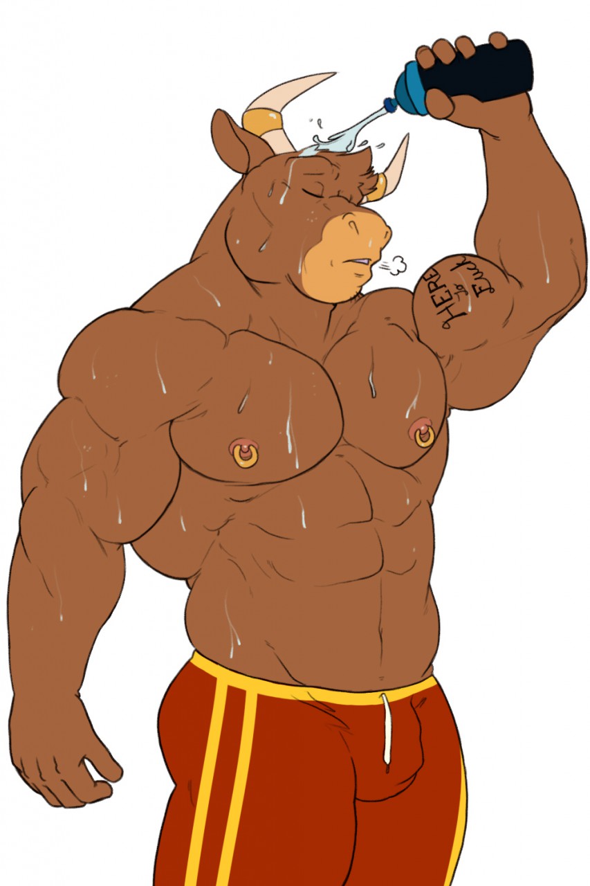 2015 5_fingers abs anthro biceps biped bottle bovine breath brown_fur buck_(evane) bulge cattle clothed clothing digital_media_(artwork) eyes_closed front_view fur head_tuft hi_res holding_bottle holding_object horn horn_ring humanoid_hands knuxlight male mammal muscular muscular_male nipple_piercing nipples pecs piercing pink_nipples portrait red_bottomwear red_clothing shorts simple_background snout solo standing sweat tan_horn tattoo three-quarter_portrait topless water water_bottle wet white_background