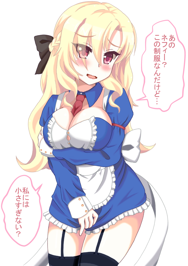 alternate_costume aurelia_(dorei_to_no_seikatsu) between_breasts black_legwear blonde_hair blush bow braid breast_hold breasts cleavage commentary_request cowboy_shot detached_collar dorei_to_no_seikatsu_~teaching_feeling~ embarrassed garter_straps hair_between_eyes hair_bow large_breasts long_hair looking_at_viewer necktie necktie_between_breasts open_mouth red_eyes simple_background skirt skirt_tug solo takahiko thighhighs thighs translated undersized_clothes wavy_hair wavy_mouth white_background