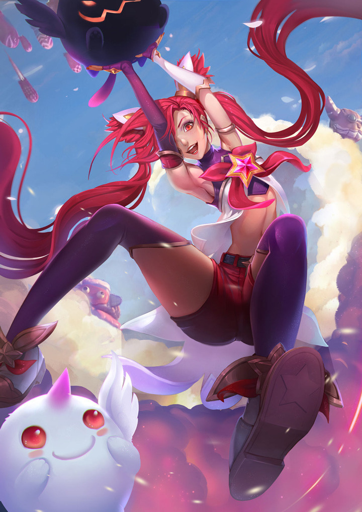 1girl alternate_costume alternate_hair_color alternate_hairstyle elbow_gloves jinx_(league_of_legends) kuro_(league_of_legends) league_of_legends lipstick long_hair magical_girl shiro_(league_of_legends) star_guardian_jinx thighhighs tied_hair twintails very_long_hair