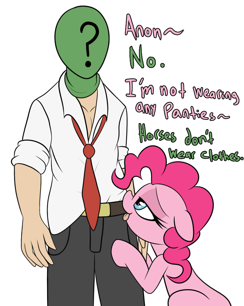 anon bedroom_eyes blue_eyes clothed clothing datte-before-dawn duo earth_pony english_text equine female feral friendship_is_magic hair half-closed_eyes horse human humor male mammal my_little_pony pink_hair pinkie_pie_(mlp) pony seductive smile text tongue tongue_out
