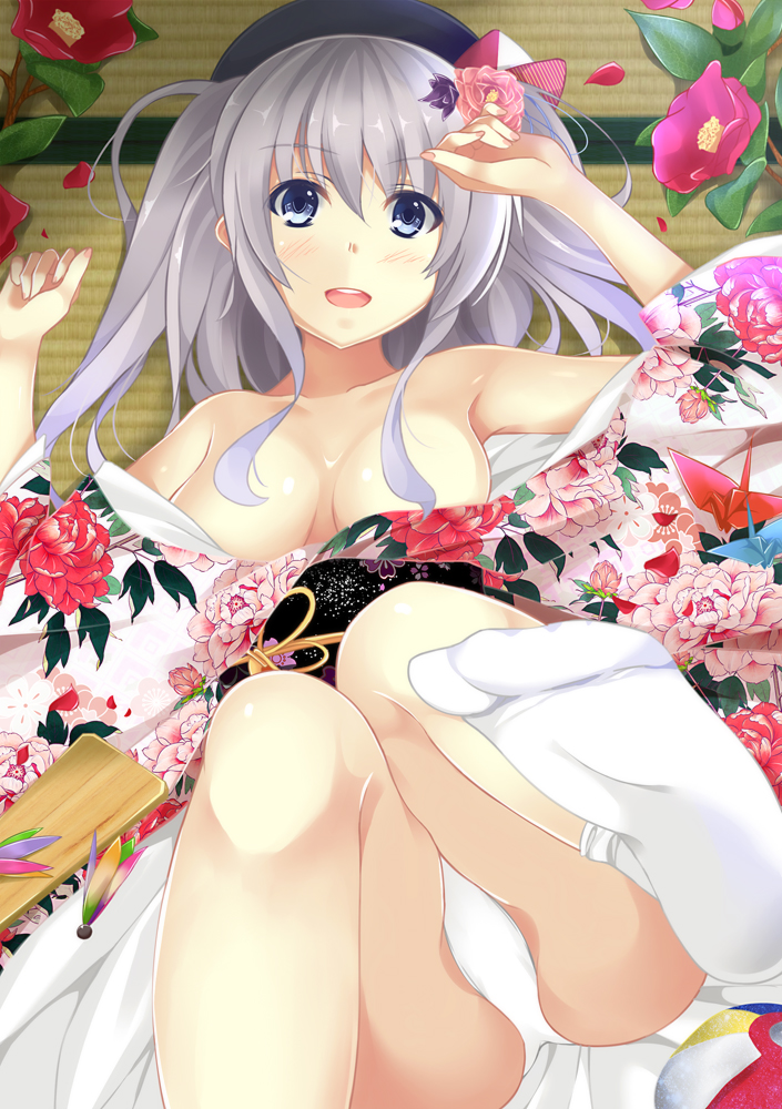 :d alternate_costume bad_id bad_pixiv_id bare_shoulders beret blue_eyes blush breasts commentary_request eyebrows_visible_through_hair flower hagoita hair_flower hair_ornament happy_new_year hat japanese_clothes kantai_collection kashima_(kantai_collection) kimono knees_together_feet_apart long_hair looking_at_viewer lying medium_breasts new_year obi off_shoulder on_back open_mouth paddle panties sash sidelocks silver_hair smile socks solo two_side_up underwear v-shaped_eyebrows white_legwear white_panties youkan_(mattya_youkan)