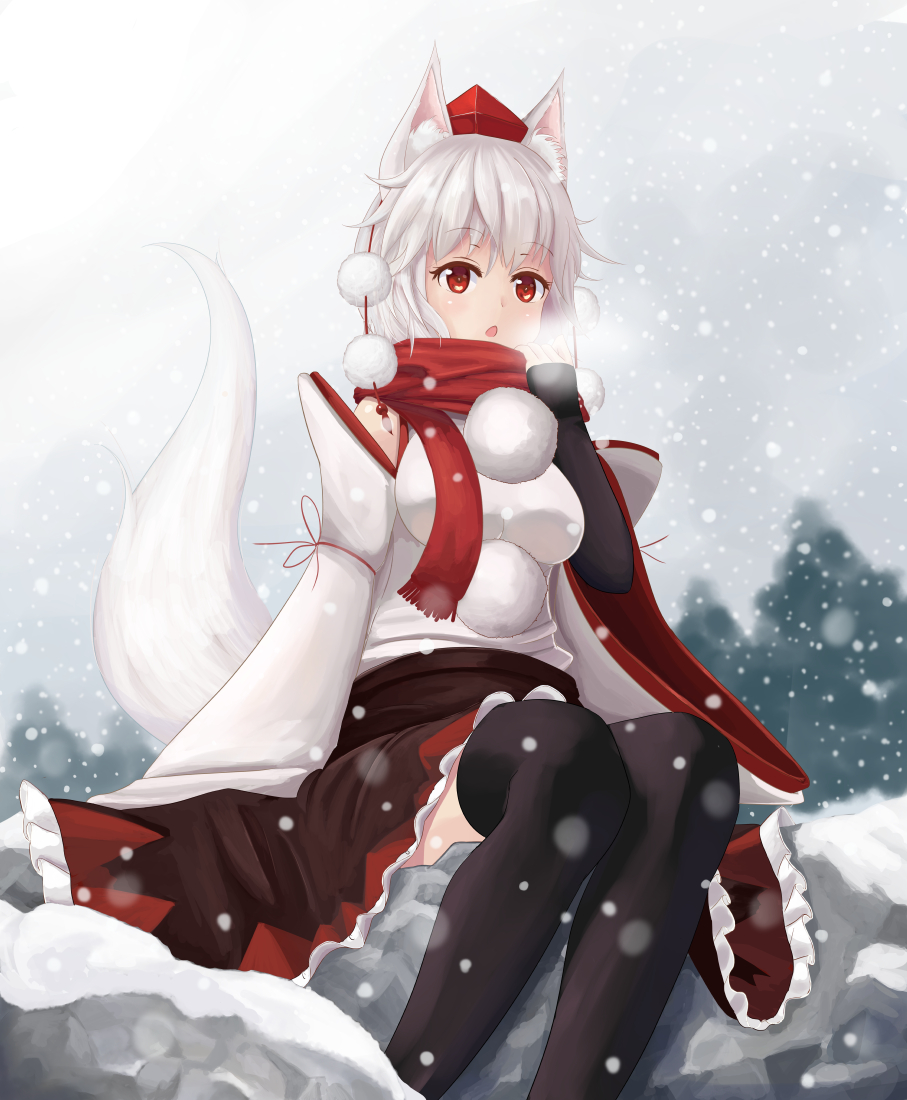 animal_ears black_legwear chestnut_mouth commentary_request detached_sleeves hat inubashiri_momiji outdoors pom_pom_(clothes) red_eyes red_scarf rock scarf sitting skirt snow snowing solo tail thighhighs tokin_hat touhou white_hair wolf_ears wolf_tail yukitourou