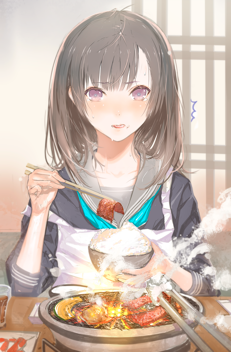 brown_hair eating fuyuno_haruaki highres long_hair original restaurant rice solo yakiniku