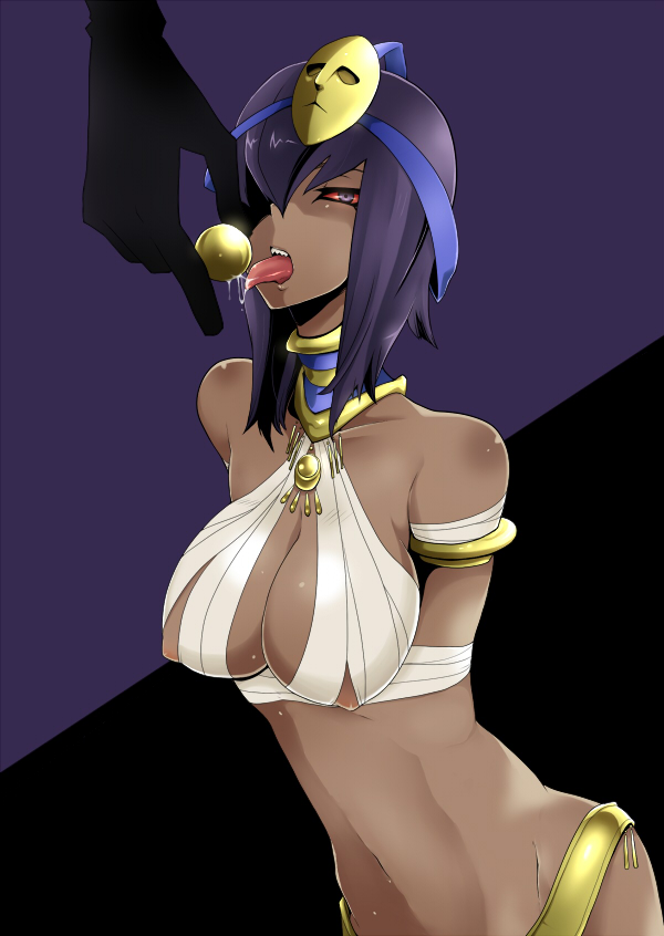 amputee black_hair blue_eyes breasts cofagrigus dark_skin egyptian gen_5_pokemon ind-kary jewelry large_breasts licking mummy navel necklace nugget_(pokemon) personification pokemon red_sclera saliva sharp_teeth solo teeth tongue tongue_out