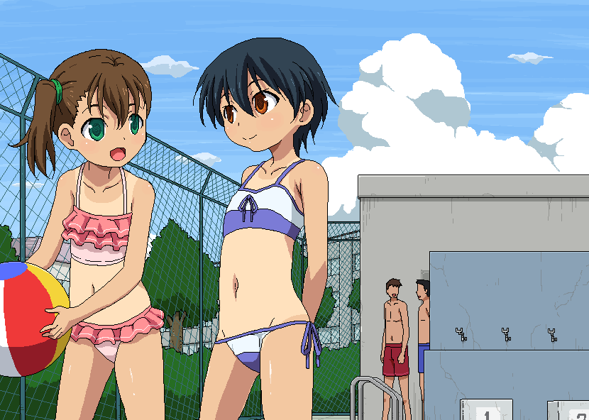 2boys 2girls :d aliasing bare_shoulders beach_ball blue_sky brown_eyes brown_hair child closed_mouth cloud collarbone cowboy_shot day fence flat_chest hair_ornament holding midriff mini_skirt multiple_boys multiple_girls navel open_mouth original outdoors plant shiny shiny_skin short_hair side_ponytail sky smile standing sunson swim_trunks swimsuit