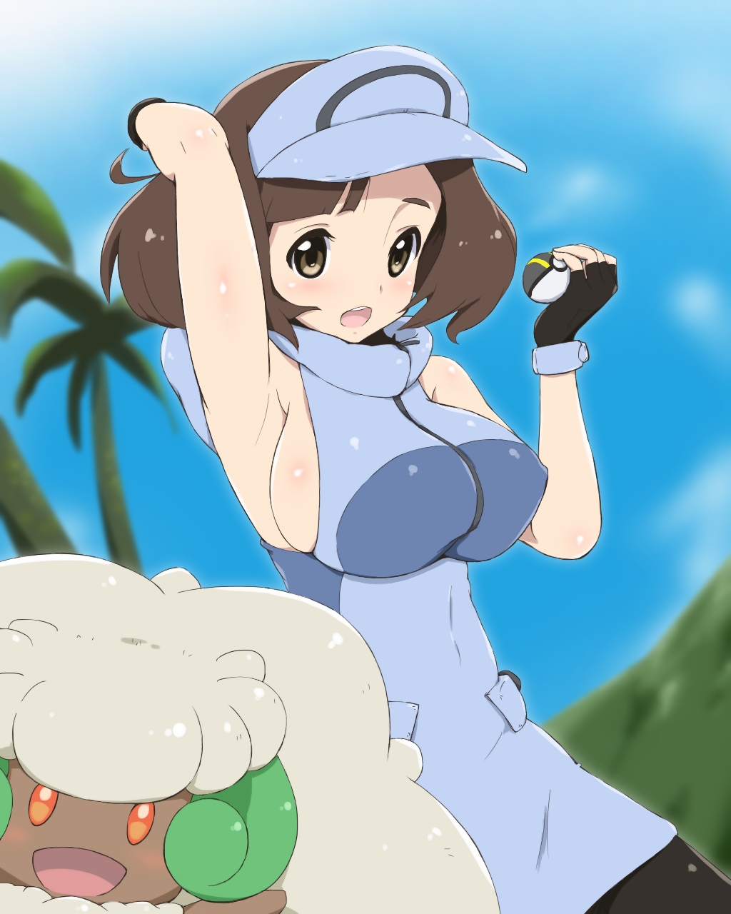 ace_trainer_(pokemon) armpits arms_up bea_(adfhbcf4326) blush breasts brown_hair collared_shirt covered_navel day fingerless_gloves gen_5_pokemon gloves highres large_breasts no_bra npc_trainer open_mouth outdoors palm_tree poke_ball pokemon pokemon_(creature) pokemon_(game) pokemon_sm shirt short_hair sideboob sleeveless sleeveless_shirt solo tree ultra_ball visor_cap whimsicott