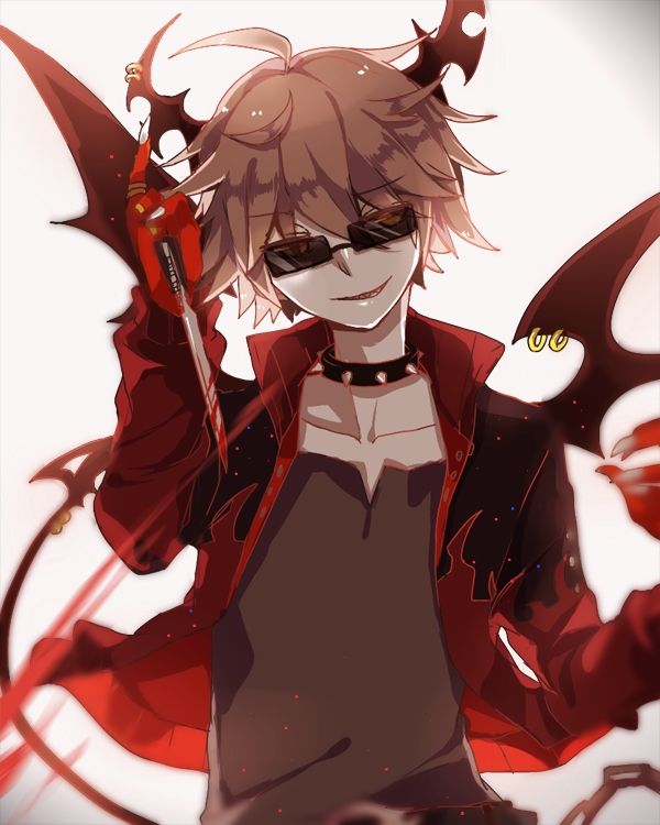 ahoge arm_up bangs bat_wings blood bloody_weapon brown_hair brown_shirt brown_wings chain collar collarbone dagger demon_boy demon_tail emalf eyebrows_visible_through_hair fingernails glasses gradient gradient_background haiiro_teien head_wings holding holding_weapon horns jacket jewelry knife long_sleeves looking_at_viewer male_focus multicolored multicolored_background n.u.owen ring sharp_fingernails shirt smile smirk solo spiked_collar spikes sunglasses tail two-tone_background upper_body weapon wing_piercing wings yellow_eyes