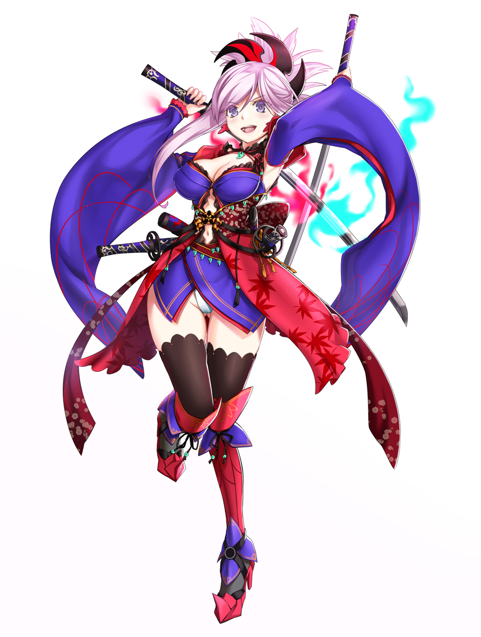 :d armpits arms_up ass_visible_through_thighs belt black_legwear boots breasts cleavage covered_nipples detached_sleeves dual_wielding eyebrows_visible_through_hair fate/grand_order fate_(series) floral_print full_body hair_ornament hat high_heels highres holding holding_sword holding_weapon japanese_clothes katana kimono knee_up kurobuchi_numama large_breasts lavender_hair leaf_print leotard long_hair looking_at_viewer md5_mismatch miyamoto_musashi_(fate/grand_order) navel open_mouth ponytail purple_eyes purple_hair sheath sheathed simple_background smile solo sword teeth thighhighs unsheathed v-shaped_eyebrows weapon white_background white_leotard wide_sleeves