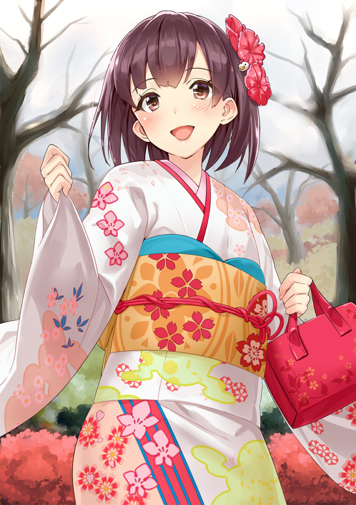 bag blush bob_cut brown_eyes brown_hair flower hair_flower hair_ornament handbag japanese_clothes kimono kinugasa_yuuichi original short_hair smile solo tree