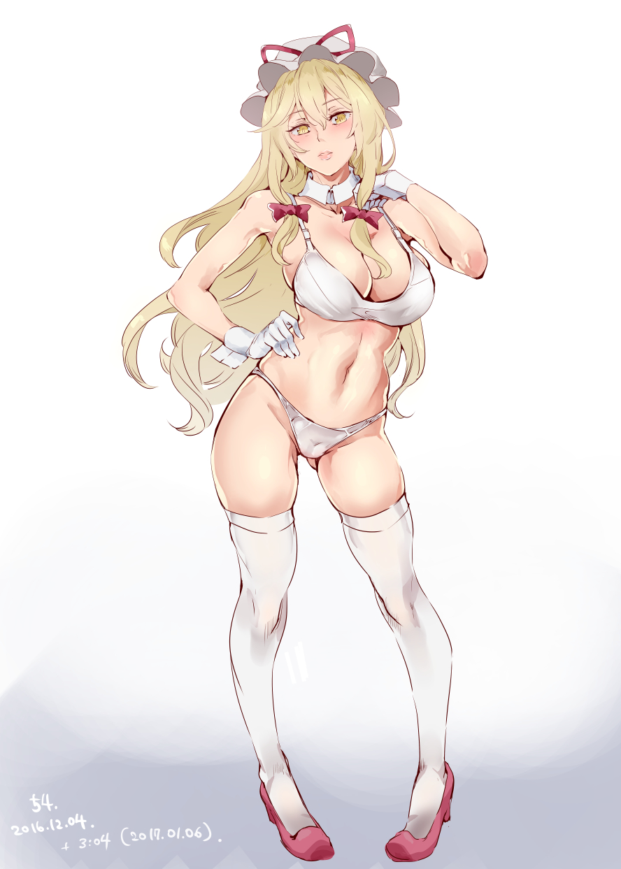 ass_visible_through_thighs bangs blonde_hair blush bow bra breasts cleavage collarbone detached_collar fat_mons full_body gloves gradient gradient_background grey_background hair_between_eyes hair_bow hand_in_hair hand_on_hip hat hat_ribbon head_tilt high_heels highres hips large_breasts lips looking_at_viewer mob_cap navel nyuu_(manekin-eko) panties parted_lips red_footwear ribbon shiny shiny_hair shiny_skin shoes sidelocks solo stomach thigh_gap thighhighs thighs touhou underwear underwear_only white_background white_bra white_gloves white_legwear white_panties yakumo_yukari yellow_eyes