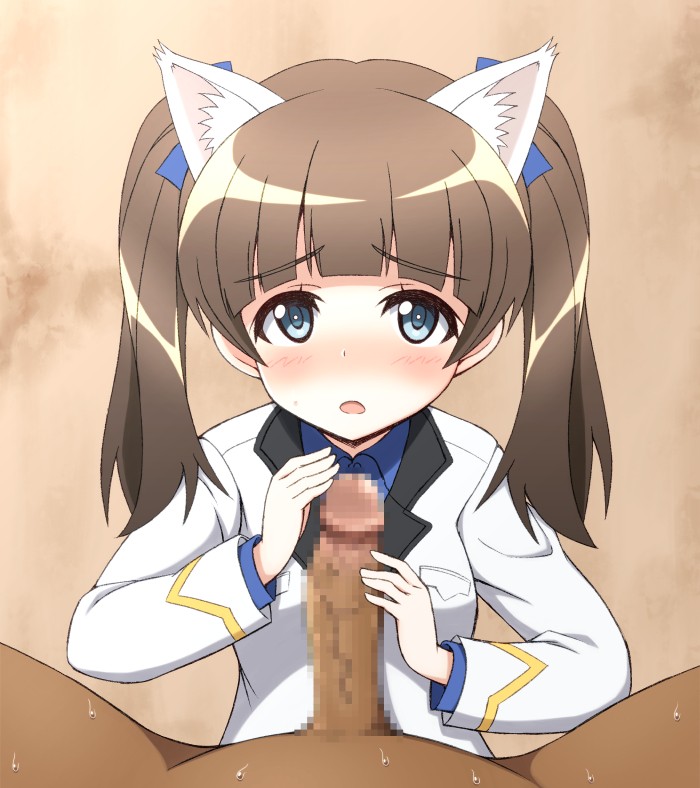 1boy 1girl animal_ears banitei blue_eyes blush brave_witches brown_hair georgette_lemare hair_ornament penis ribbon strike_witches twintails world_witches_series