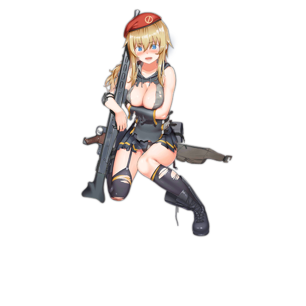 artist_request asymmetrical_legwear beret black_footwear blonde_hair blue_eyes blush boots braid breast_hold breasts cleavage cross-laced_footwear embarrassed fingerless_gloves full_body garter_straps girls_frontline gloves gun hat lace-up_boots large_breasts long_hair looking_at_viewer machine_gun mg3 mg3_(girls_frontline) official_art panties pleated_skirt shirt single_thighhigh skirt solo thighhighs torn_clothes torn_shirt torn_skirt transparent_background trigger_discipline underwear untied_boots weapon