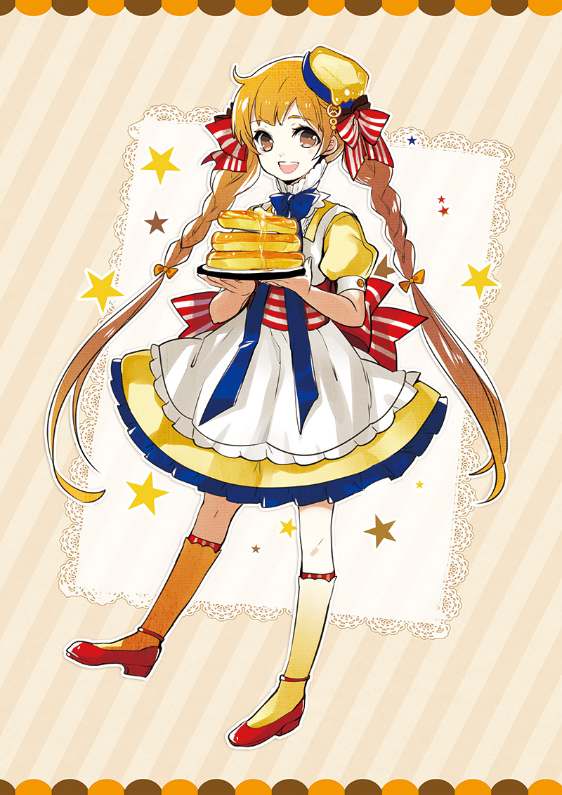 :d apron blue_bow bow braid brown_eyes brown_hair butter dress food food_themed_hair_ornament full_body gradient_hair hair_ornament kneehighs kotokoto_(vibgyor) long_hair looking_at_viewer morinaga_(brand) multicolored_hair open_mouth original pancake personification plate red_footwear shoes smile solo stack_of_pancakes standing striped striped_bow twin_braids twintails yellow_dress yellow_legwear