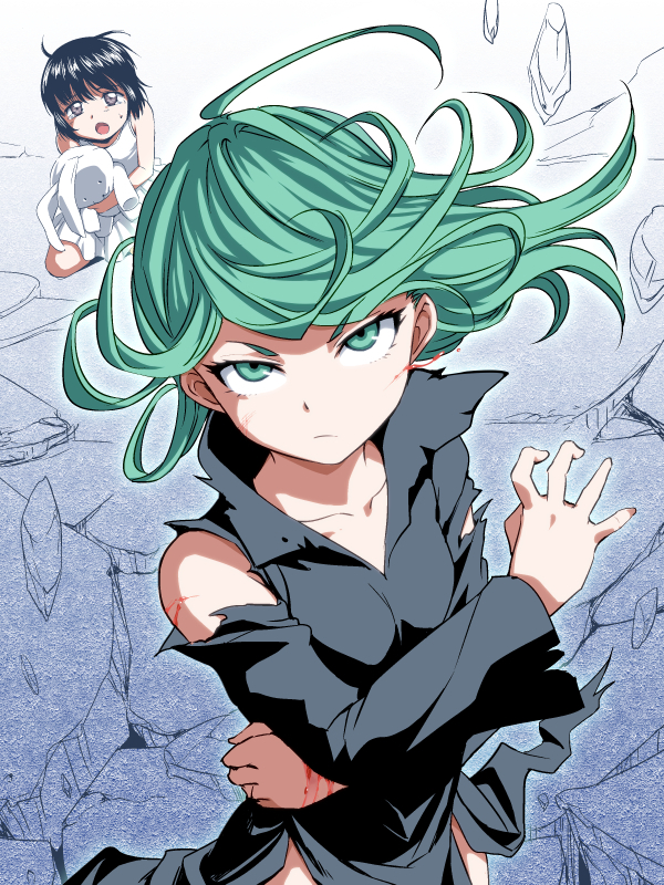 &gt;:/ aura bangs black_dress black_hair blood breasts child collarbone commentary crying crying_with_eyes_open curly_hair debris dress floating_rock funnyari glaring green_eyes green_hair holding holding_stuffed_animal injury looking_at_viewer multiple_girls one-punch_man petite protecting rubble scared scratches serious short_hair small_breasts standing stuffed_animal stuffed_bunny stuffed_toy tatsumaki tears telekinesis torn_clothes torn_dress upper_body white_dress