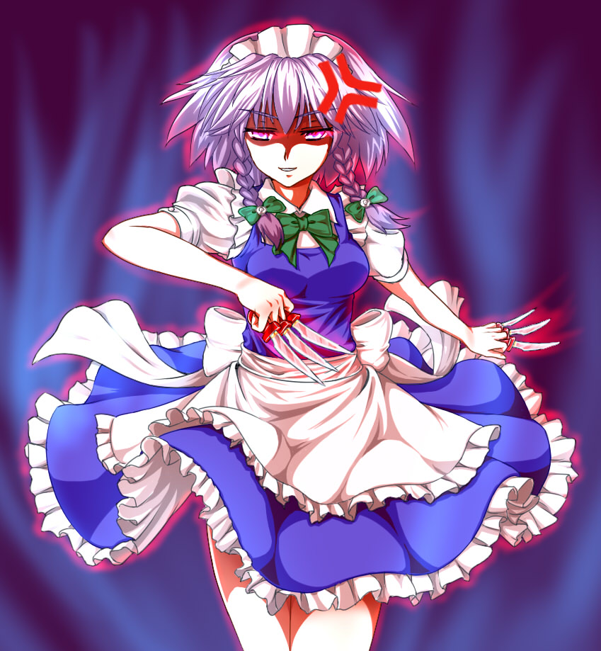 &gt;:) anger_vein angry apron aura bangs blue_dress bow bowtie braid breasts commentary_request cowboy_shot dezuko_(dezuko_no_heya) dress frilled_dress frills glowing glowing_eyes green_bow green_neckwear hair_between_eyes hair_bow holding holding_knife izayoi_sakuya knife knives_between_fingers looking_at_viewer maid maid_headdress medium_breasts parted_lips puffy_short_sleeves puffy_sleeves short_sleeves silver_hair smile solo touhou twin_braids v-shaped_eyebrows waist_apron