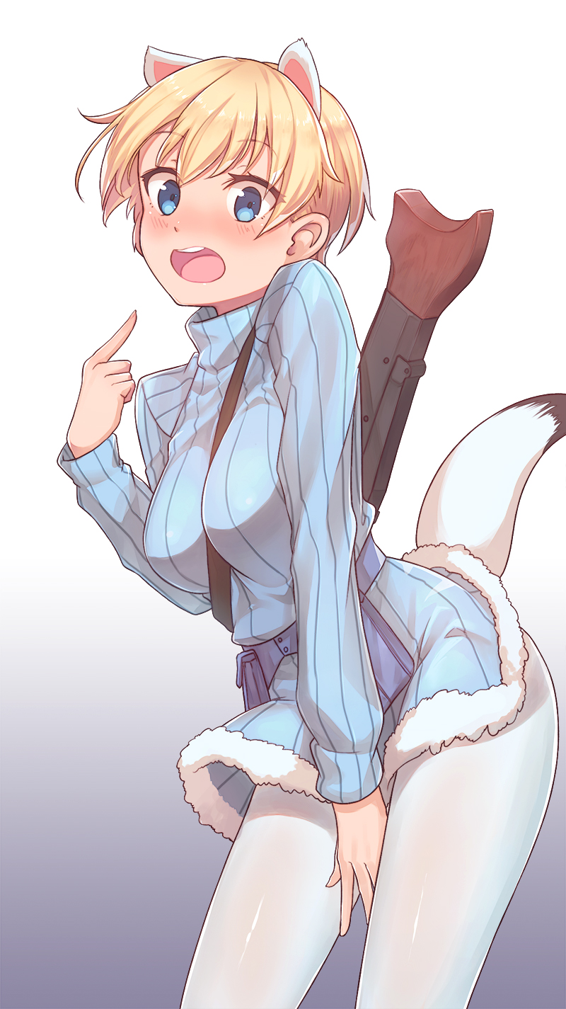 animal_ears belt between_breasts between_legs blonde_hair blue_eyes blue_sweater blush brave_witches breasts commentary ermine_ears ermine_tail eyebrows_visible_through_hair fur_trim gradient gradient_background gun hand_between_legs highres konnyaku_(kk-monmon) large_breasts looking_at_viewer machine_gun nikka_edvardine_katajainen open_mouth pantyhose pointing pointing_at_self pouch ribbed_sweater short_hair solo strap_cleavage sweater tail turtleneck turtleneck_sweater weapon weapon_on_back weasel_tail white_legwear world_witches_series