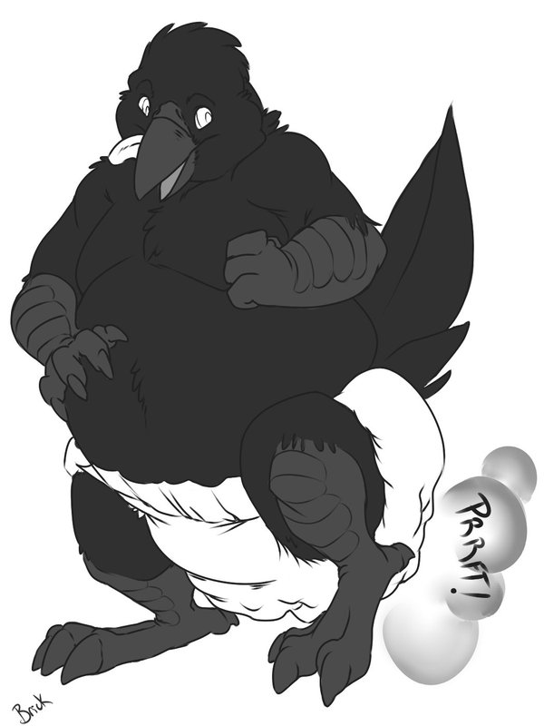 anthro avian beak belly big_belly bird brickoven diaper fart feces hand_on_stomach male messy_diaper overweight scat simple_background soiling white_background