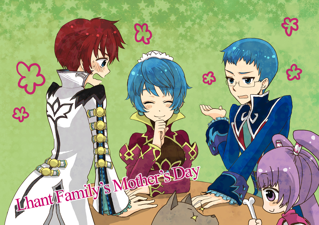 2boys 2girls asbel_lhant belt blue_eyes blue_hair blush bone breasts coat dog eyes_closed frills glasses green_background hubert_ozwell kerri_lhant long_hair mother_and_son multiple_boys multiple_girls open_mouth purple_eyes purple_hair red_hair short_hair smile sophie_(tales) sparkle star tales_of_(series) tales_of_graces twintails