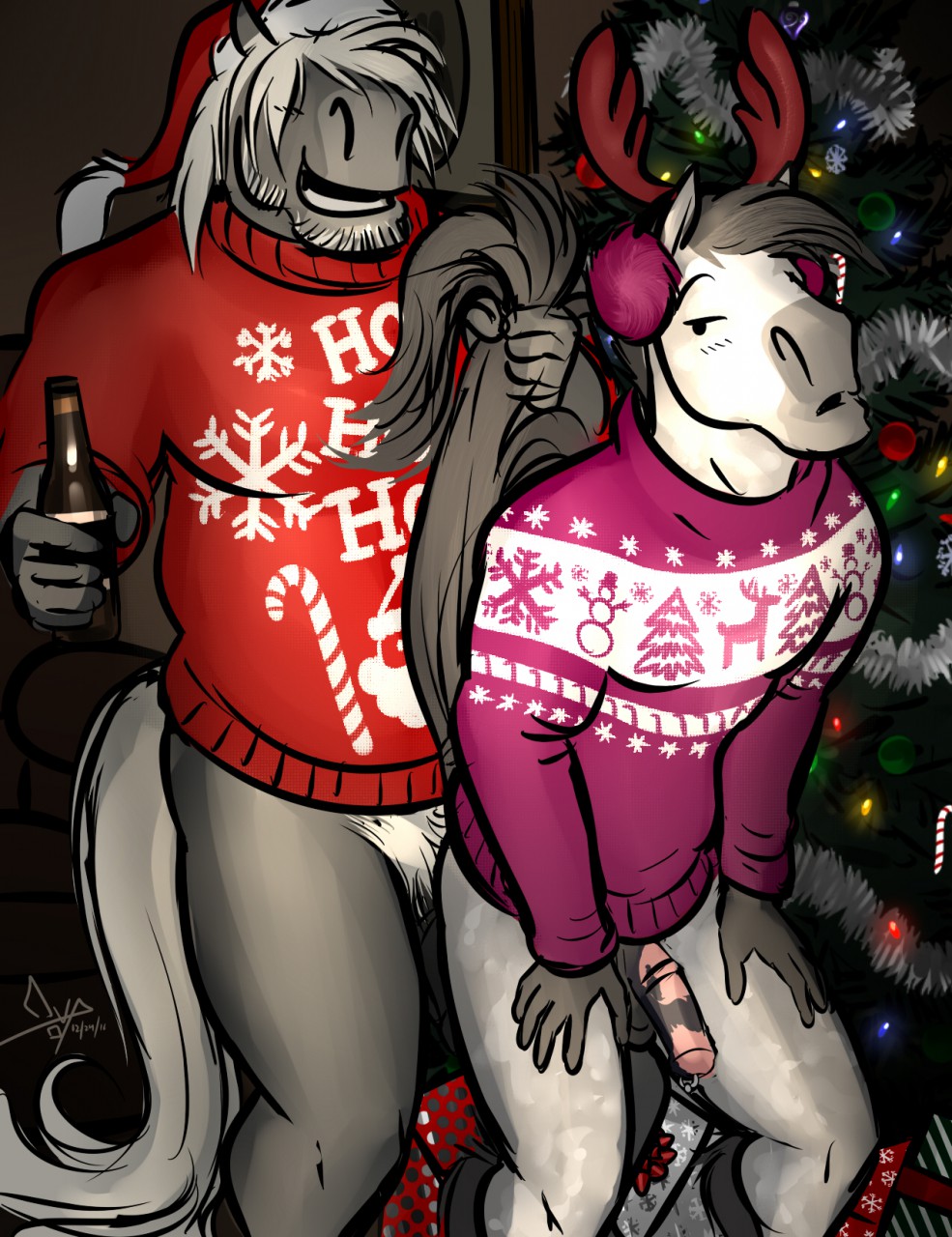 2016 5_fingers anatomically_correct anatomically_correct_penis animal_genitalia animal_penis anthro balls beard bgn biped black_balls black_eyes black_penis bottle bottomless brian_cochen christmas christmas_tree clothed clothing detailed_background digital_media_(artwork) dot_eyes duo earmuffs equine equine_penis eyebrows facial_hair fake_antlers fur genital_piercing gift grey_fur grey_hair grey_tail grinding hair hair_over_eyes hand_on_thigh hat hi_res holding_bottle holding_object holidays horse humanoid_hands leaning leaning_forward long_tail male male/male mammal medial_ring mottled_penis multicolored_fur multicolored_penis open_mouth penis penis_piercing piercing pink_clothing pink_penis pink_topwear prince_albert_piercing red_clothing red_topwear santa_hat signature standing sweater tail_grab teeth tree two_tone_fur two_tone_penis white_fur white_hair white_tail