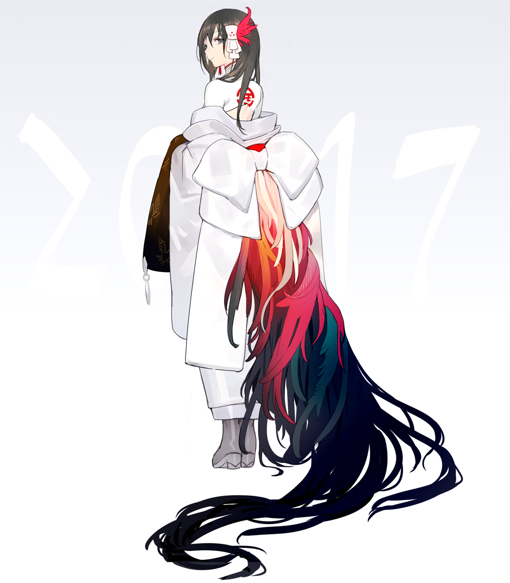 2017 bird_tail boots brown_eyes brown_hair chinese_zodiac closed_mouth from_behind full_body gradient gradient_background grey_footwear high_heels highres japanese_clothes kawaguchi_(mojacome) kimono looking_at_viewer looking_back new_year number off_shoulder original profile smile solo standing tail year_of_the_rooster