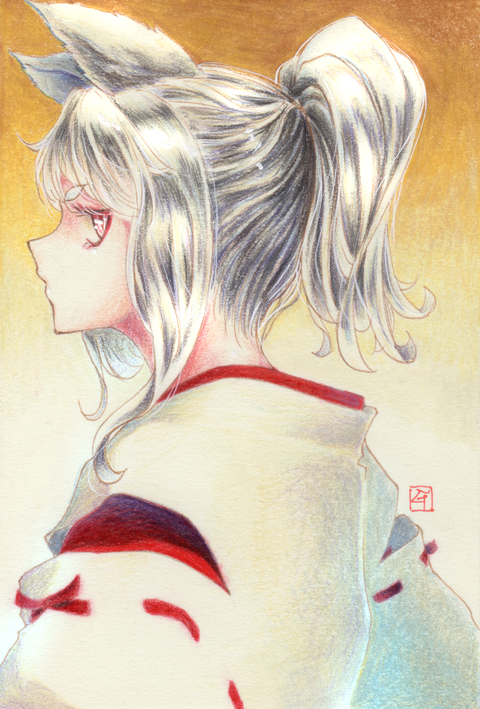animal_ears commentary eyebrows eyelashes fox_ears gradient gradient_background high_ponytail highres japanese_clothes long_hair millipen_(medium) original profile red_eyes ribbon_trim sidelocks signature silver_hair solo tesun_(g_noh) traditional_media upper_body watercolor_pencil_(medium)