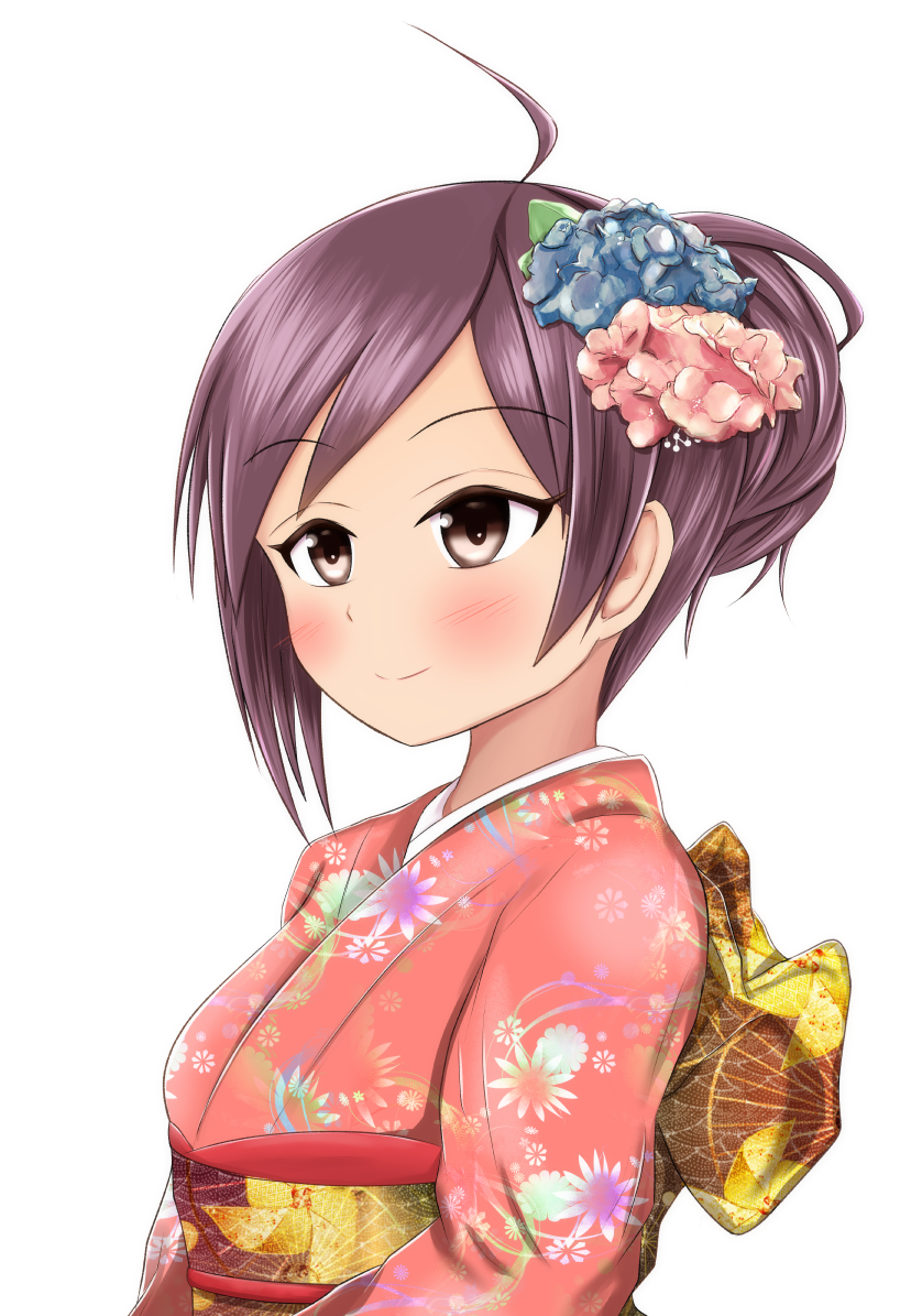 ahoge alternate_costume alternate_hairstyle bad_id bad_pixiv_id bangs blush brown_eyes commentary_request eyebrows_visible_through_hair floral_print flower hagikaze_(kantai_collection) hair_flower hair_ornament hair_up haoto_(arnica_leaf) japanese_clothes kantai_collection kimono looking_away obi purple_hair sash simple_background smile solo swept_bangs updo upper_body white_background