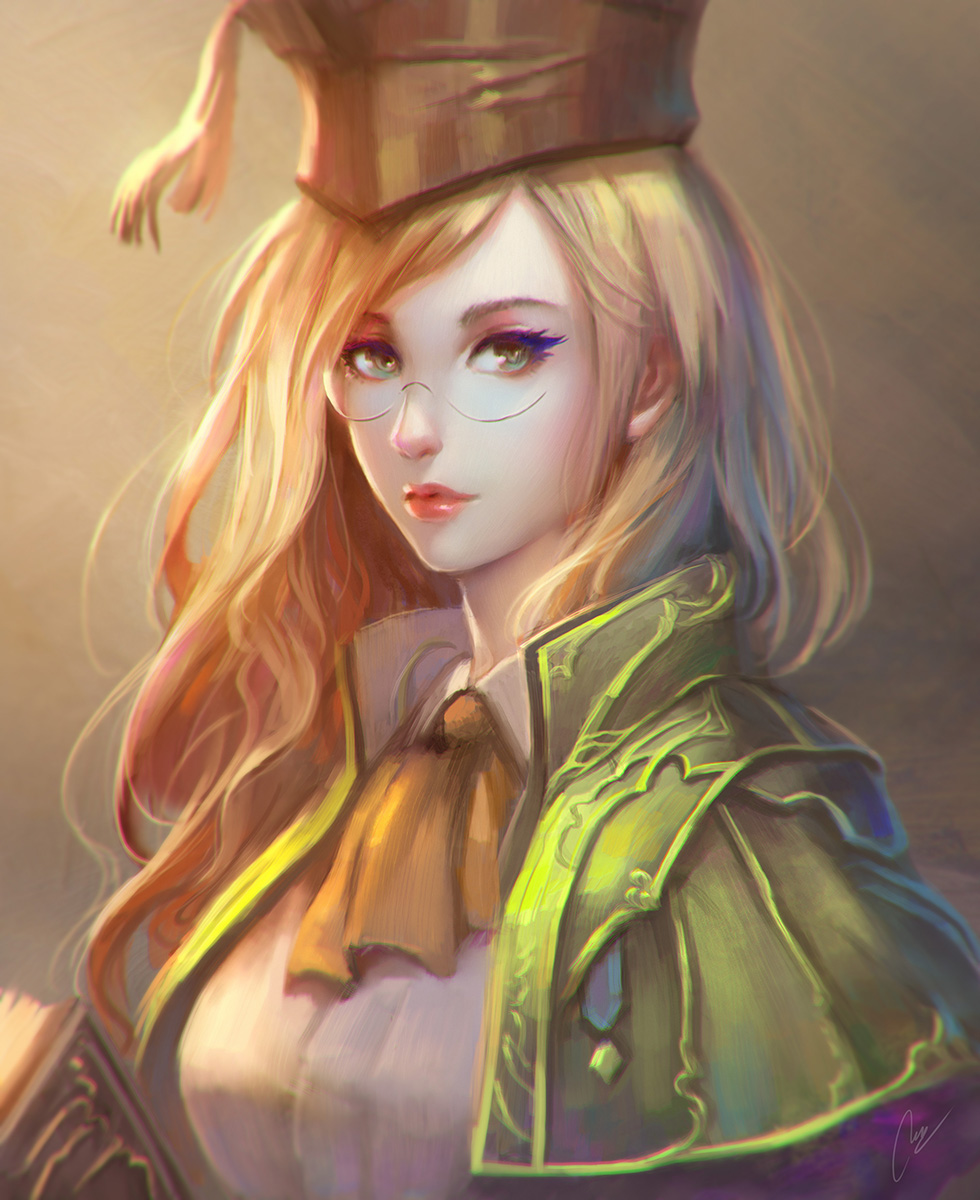 artist_name ascot backlighting blonde_hair book breasts capelet closed_mouth collared_shirt commentary english_commentary expressionless eyelashes eyeliner final_fantasy final_fantasy_xiv glasses gold_trim gradient gradient_background green_eyes hat highres lips lipstick long_hair looking_at_viewer makeup mascara mortarboard nguyen_uy_vu nose realistic red_lipstick scholar_(final_fantasy) shirt signature small_breasts solo tassel upper_body wavy_hair