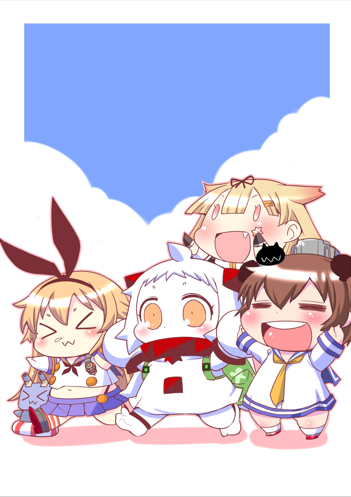 &gt;_&lt; :3 :d ahoge anchor_hair_ornament animal_ears ankle_cuffs arms_up backpack bag barefoot blonde_hair blue_sky bow brown_hair bunny_ears chibi closed_eyes cloud collar comic commentary_request day dress enemy_aircraft_(kantai_collection) fang gloves hair_bow hair_flaps hair_ornament headgear holding_star horns kantai_collection lifebuoy long_hair long_sleeves machinery mittens multiple_girls navel neckerchief northern_ocean_hime open_mouth randoseru remodel_(kantai_collection) rensouhou-chan revision sailor_dress sako_(bosscoffee) scarf school_uniform serafuku shadow shimakaze_(kantai_collection) shinkaisei-kan shirt shoes short_hair sitting sitting_on_head sitting_on_person sky sleeveless sleeveless_shirt smile snot socks star turret v-shaped_eyebrows walking white_hair x3 yellow_eyes yukikaze_(kantai_collection) yuudachi_(kantai_collection)