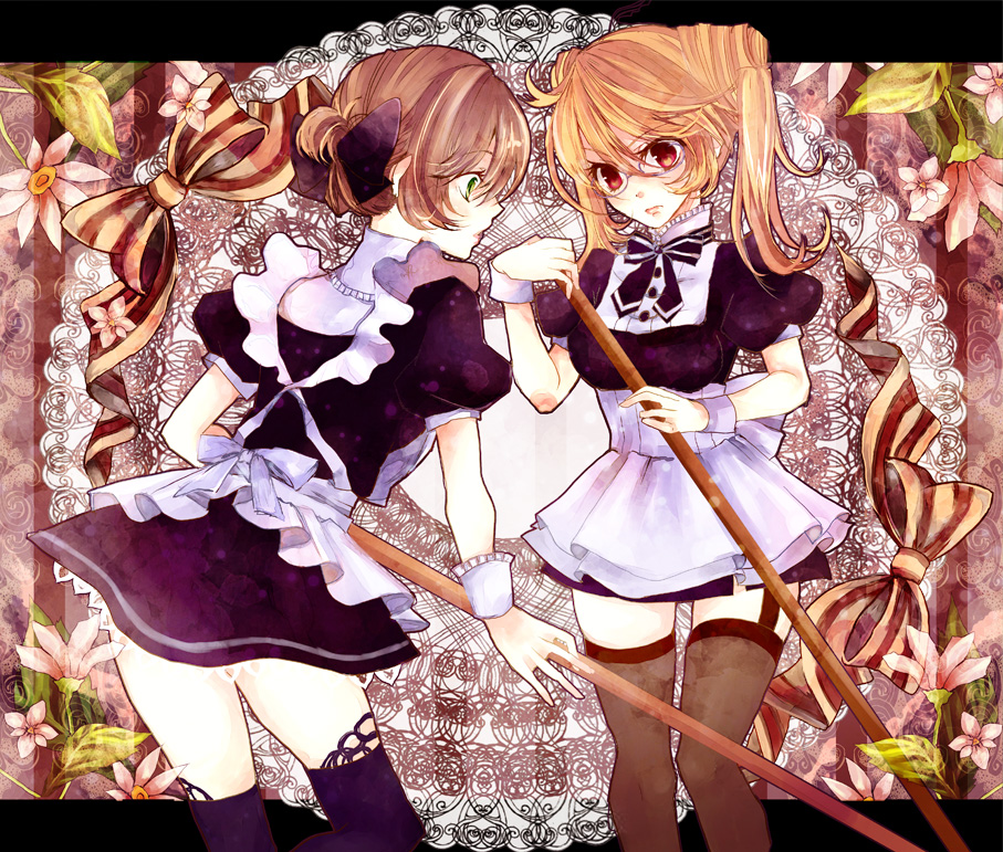 2girls apron blonde_hair breasts brown_hair dress flower glasses green_eyes leia_rolando lips long_hair maid milla_maxwell multiple_girls pink_eyes ribbon short_hair tales_of_(series) tales_of_xillia thighhighs twintails