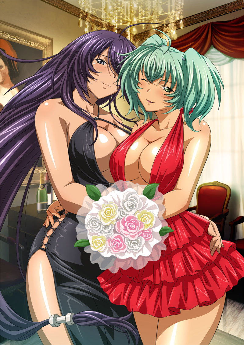 artist_request bouquet breasts cleavage flower formal green_eyes green_hair hair_over_one_eye ikkitousen ikkitousen_great_guardians kan'u_unchou large_breasts long_hair multiple_girls official_art one_eye_closed purple_hair ryofu_housen twintails very_long_hair