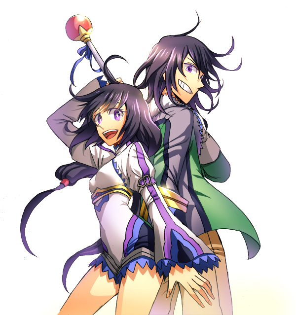 1boy 1girl belt black_hair bodysuit breasts brother_and_sister frills fur grin hisui_hearts jacket kohak_hearts long_hair open_mouth pants purple_eyes short_hair tales_of_(series) tales_of_hearts wide_sleeves