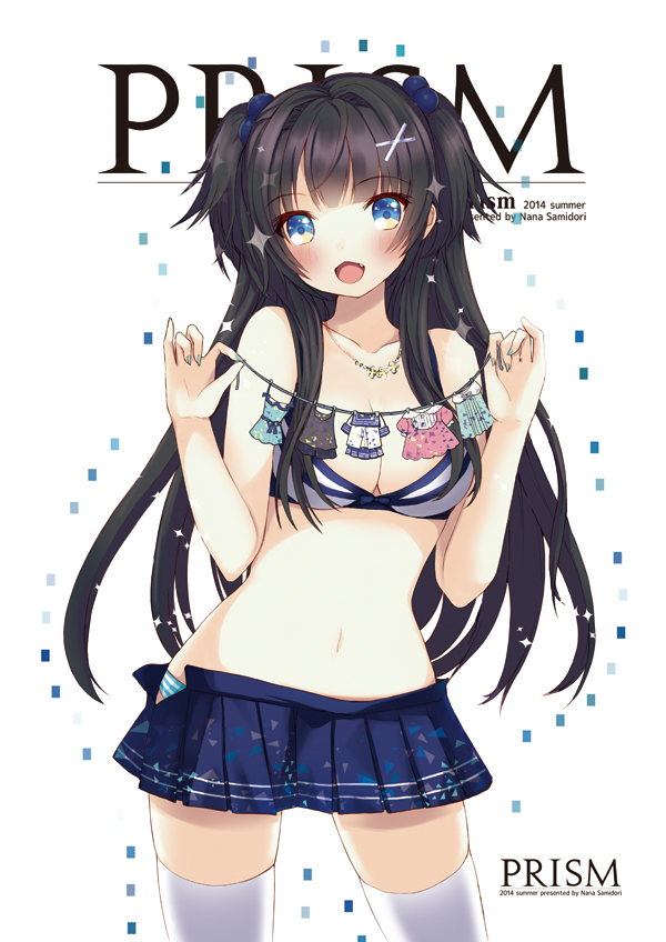 :d aqua_nails aqua_panties bangs bare_shoulders beads black_hair blue_eyes blue_skirt blush bra collarbone commentary_request cover cover_page cowboy_shot doujin_cover eyebrows_visible_through_hair hair_beads hair_ornament holding jewelry juke long_hair midriff miniskirt nail_polish navel necklace open_mouth original panties pleated_skirt simple_background skirt smile solo string striped striped_panties thighhighs two_side_up unbuttoned underwear white_background white_bra white_legwear x_hair_ornament