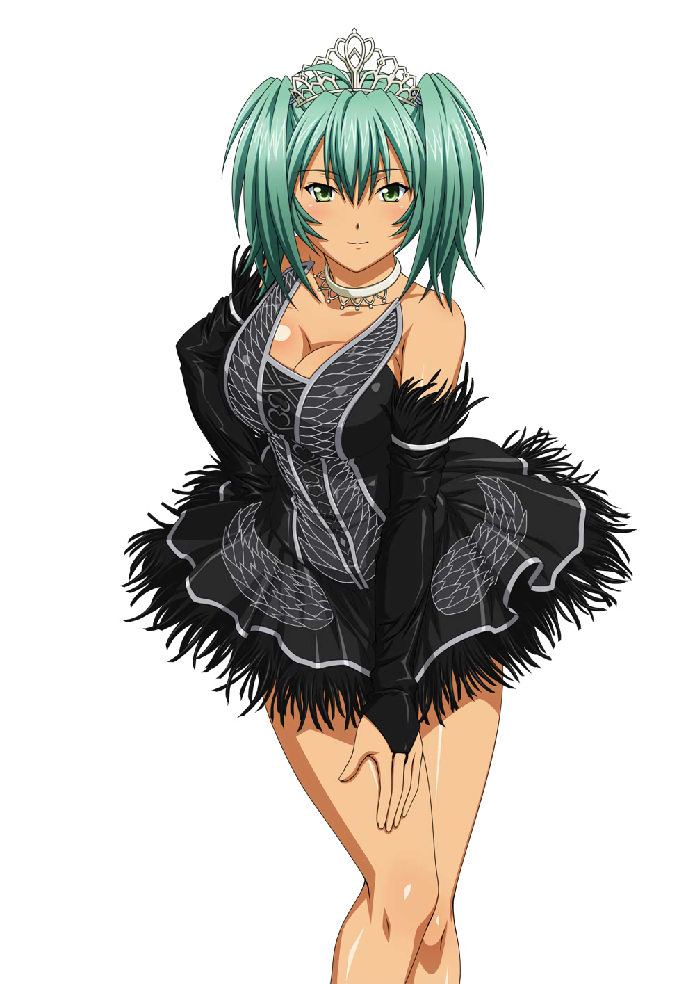 artist_request breasts bridal_gauntlets choker cleavage dress green_eyes green_hair highres ikkitousen large_breasts looking_at_viewer official_art ryofu_housen smile solo tiara twintails