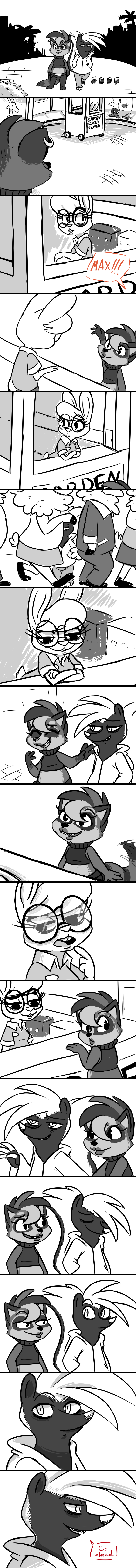 2017 anthro barefoot buckteeth caprine claws clothed clothing comic dialogue disney ear_piercing english_text eyewear fan_character female glasses greyscale group hoodie hugh_muskroura inkyfrog lagomorph male mammal maxine_d'lapin monochrome piercing rabbit raccoon restricted_palette roxy_(inkyfrog) sheep skunk story story_in_description teeth text zootopia