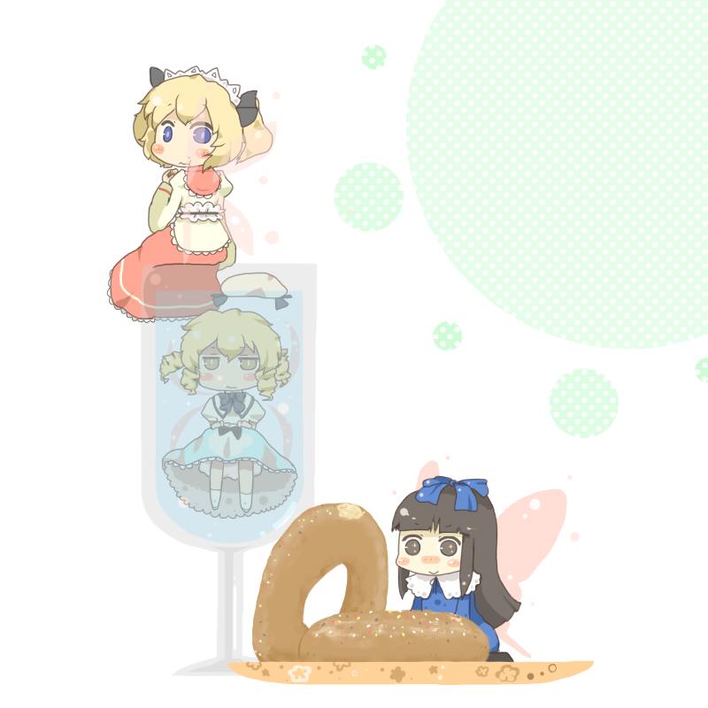 blonde_hair cup doughnut eating fairy food in_container in_cup in_food inishie luna_child minigirl multiple_girls star_sapphire sunny_milk touhou wings