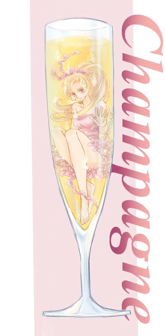 alcohol atsumi_nahono barefoot blonde_hair champagne cup food glass in_container in_cup in_food legs long_hair minigirl original solo