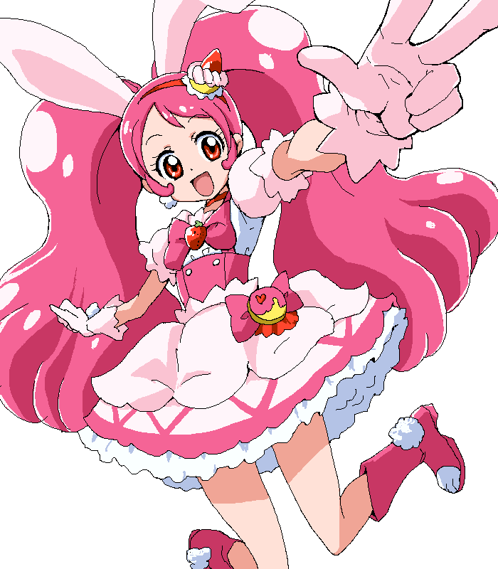 :d animal_ears boots bow bunny_ears cake_hair_ornament choker corset cure_whip extra_ears food food_themed_hair_ornament food_themed_ornament fruit full_body gloves hair_ornament hairband kirakira_precure_a_la_mode knee_boots long_hair looking_at_viewer magical_girl open_mouth pink_bow pink_footwear pink_hair precure puffy_sleeves red_choker red_eyes skirt smile solo strawberry twintails uraki usami_ichika v white_background white_gloves white_skirt