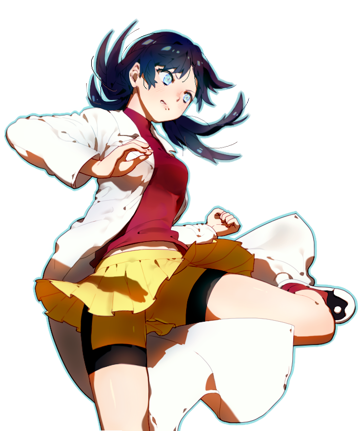 ass_visible_through_thighs bangs belly_peek bike_shorts black_hair blue_eyes blue_hair breasts clenched_hand clenched_teeth crystal_(pokemon) emje_(uncover) eyelashes labcoat leg_up long_sleeves looking_away medium_breasts miniskirt outline pleated_skirt pokemon pokemon_special shiny shiny_hair shoes shorts shorts_under_skirt skirt skirt_lift solo standing standing_on_one_leg teeth transparent_background turtleneck twintails upskirt yellow_shorts yellow_skirt