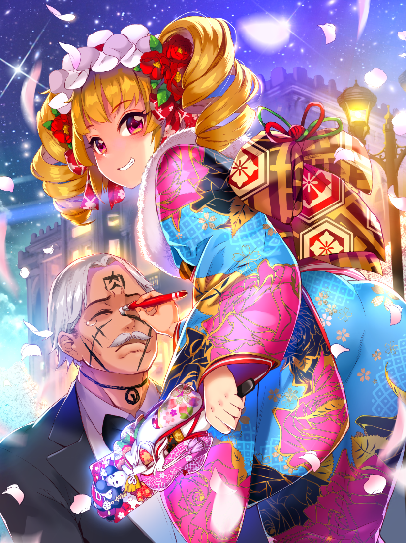 1boy 1girl ass bangs blonde_hair body_writing building eyebrows eyebrows_visible_through_hair eyes_closed grin hair_flower hair_ornament headdress holding holding_object kimono long_sleeves looking_at_viewer looking_back mustache outdoors paintbrush ribbon sky snow tears teeth xil