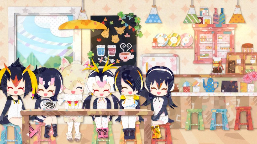 6+girls ^_^ alpaca_ears alpaca_suri_(kemono_friends) animal_ears black_footwear black_hair blonde_hair blush boots chair closed_eyes common_raccoon_(kemono_friends) cup drawstring emperor_penguin_(kemono_friends) eyes_closed facing_viewer fennec_(kemono_friends) food fur_collar gelatin gentoo_penguin_(kemono_friends) hair_over_one_eye headphones hood humboldt_penguin_(kemono_friends) indoors kemono_friends long_hair low_twintails milo miniskirt multicolored_hair multiple_girls official_art open_mouth orange_hair own_hands_together penguins_performance_project_(kemono_friends) pink_footwear pink_hair pleated_skirt red_hair rockhopper_penguin_(kemono_friends) royal_penguin_(kemono_friends) serval_(kemono_friends) sitting skirt teapot thighhighs twintails white_legwear white_skirt window yellow_footwear