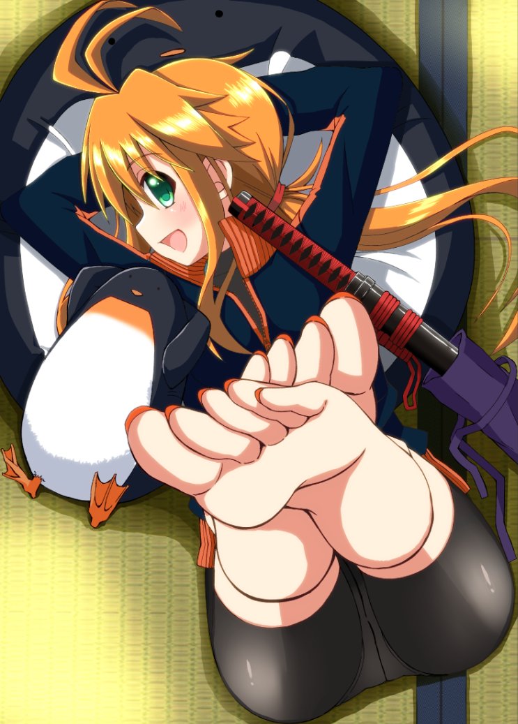 ahoge arms_behind_head ass azumaya_(myw24037643) barefoot bike_shorts bird blonde_hair borrowed_character feet green_eyes jacket legs legs_up long_hair lying on_back open_mouth original penguin pillow ponytail sheath sheathed shorts smile soles sword toes weapon