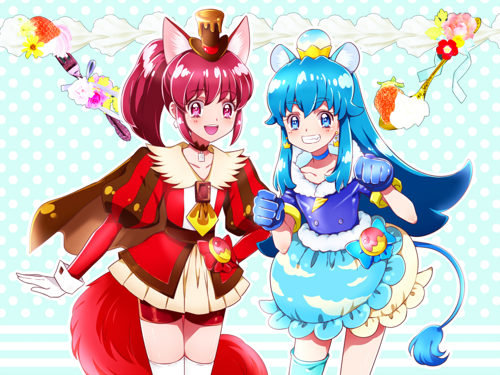 :d aino_megumi animal_ears bike_shorts blue_background blue_bow blue_choker blue_eyes blue_gloves blue_hair blue_legwear blue_shirt blue_skirt bow brooch brown_cape capelet choker clenched_hand cloud_print color_connection cosplay cowboy_shot crown cure_chocolat cure_chocolat_(cosplay) cure_gelato cure_gelato_(cosplay) dog_ears dog_tail extra_ears flower food fork fruit gloves grin happinesscharge_precure! jewelry kagami_chihiro kirakira_precure_a_la_mode layered_skirt lion_ears lion_tail looking_at_viewer magical_girl mini_crown multiple_girls open_mouth pink_eyes pink_hair polka_dot polka_dot_background ponytail precure print_skirt red_shorts shirayuki_hime shirt short_hair shorts shorts_under_skirt single_thighhigh skirt smile strawberry tail thighhighs white_skirt